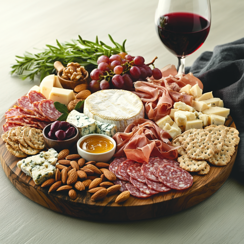 Elegant Cheese Board with Meats, Fruits, and Wine