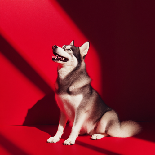 Elegant Husky Sitting with Paw Up on Red Background