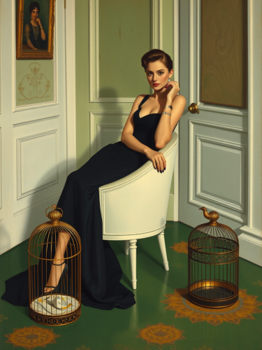 Elegant Lady with Birdcage in Klimt's Style