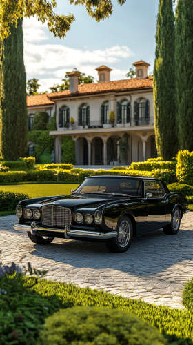 Elegant black car in front of grand estate