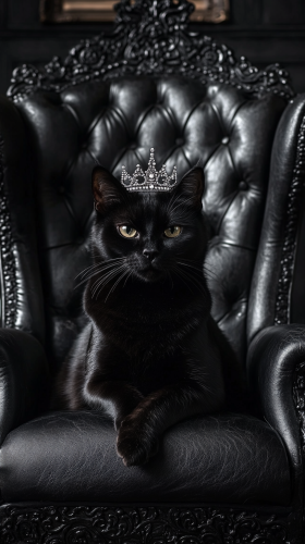Elegant black cat in diamond tiara throne