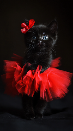 Elegant black kittens in red tutus, mysterious and sleek