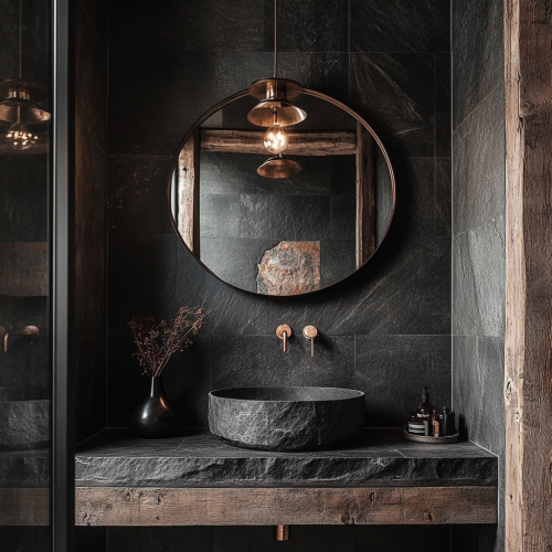 Elegant dark bathroom with stone tiles and mirror
