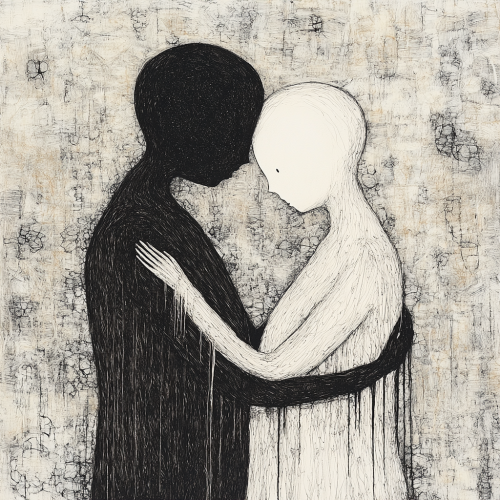Elegant figures in calm tension with surreal elements. Elegant figures in calm tension with surreal elements.