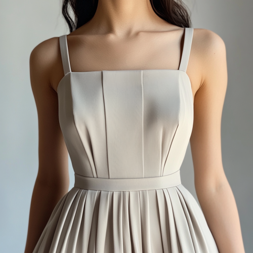 Elegant gray dress with square neckline bodice.