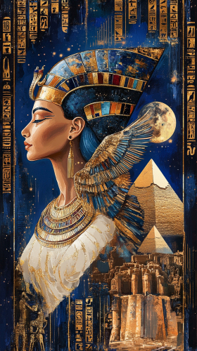 Elegant portrait of Nefertiti, goddess Isis, and pyramids.