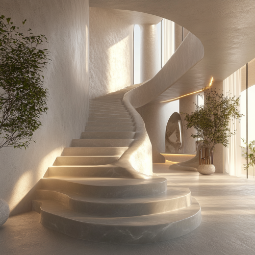 Elegant staircases weaving through serene space, illuminated by light.