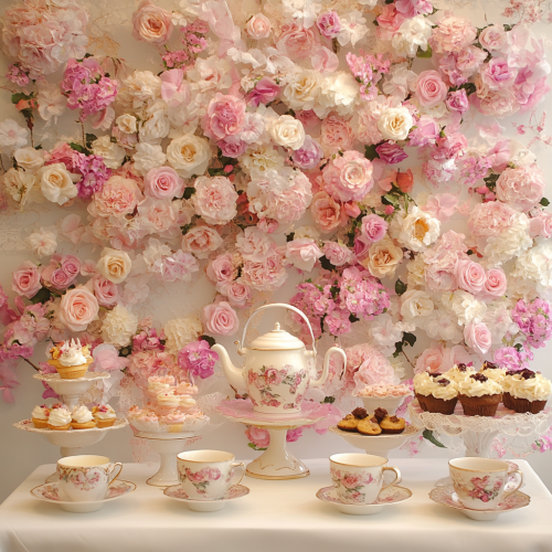 Elegant tea party with floral, lace, hats, and desserts. Elegant tea party with floral, lace, hats, and desserts.