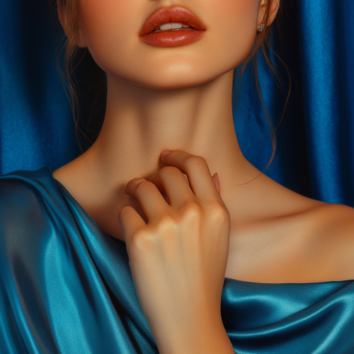 Elegant woman's hands in blue, feeling happy
