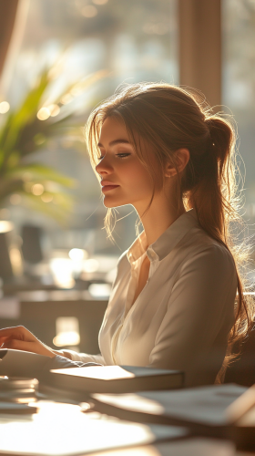 Elegant woman at desk typing with office accessories
