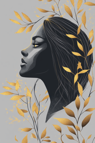Elegant woman profile with golden botanical pattern.