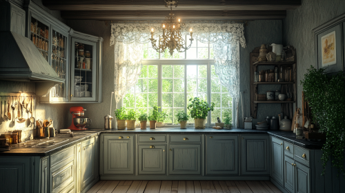 Elegantly eerie kitchen: gray cabinets, lace curtains, antique chandelier. Elegantly eerie kitchen: gray cabinets, lace curtains, antique chandelier.