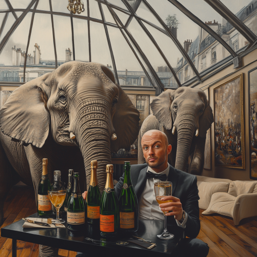 Elephants dancing in loft with artist journalist holding cocktail. Elephants dancing in loft with artist journalist holding cocktail.