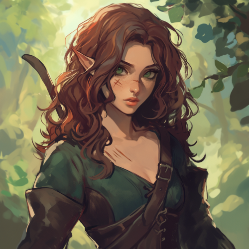 Elf female with brown hair and scar on cheek.