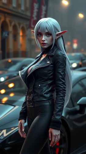 Elf girl with white hair near Lamborghini.
