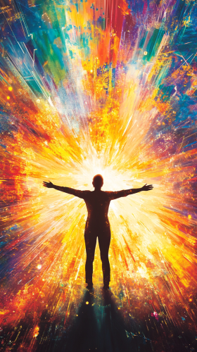 Embracing cosmic power in radiant mystical light