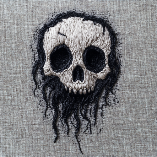 Embroidered ghostly skull dissolving into mist
