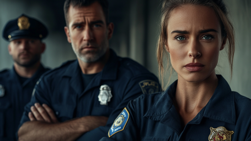 Emergency Responders Standing Together - Serious Eye Contact Emergency Responders Standing Together - Serious Eye Contact