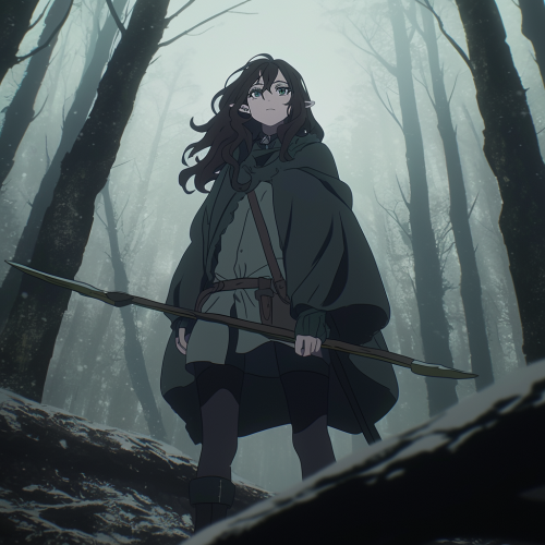 Emo elf with long hair in foggy forest.