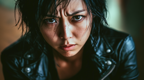 Emotional Asian woman in leather jacket in ballroom