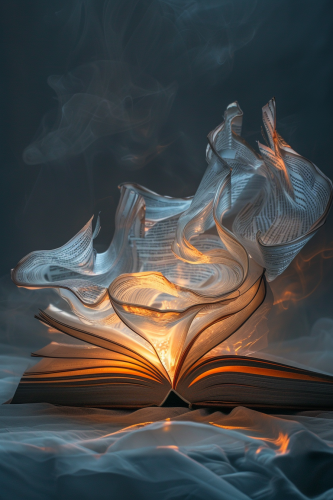Emotional book pages turn in the wind, torn & glowing.