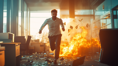 Employee happily stepping on fiery broken glass at sunrise.