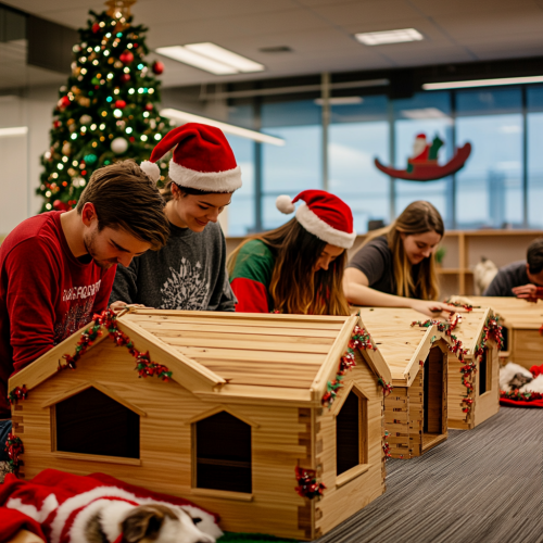 Employees create dog houses in festive Christmas office