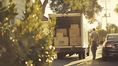 Employees loading boxes into moving truck in morning