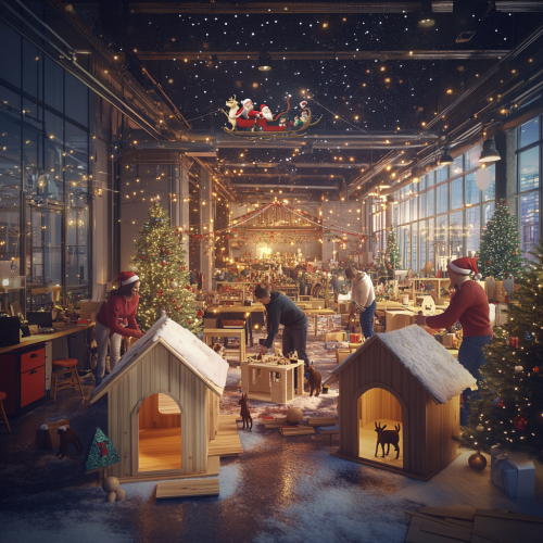 Employees making dog houses in Christmas-themed office