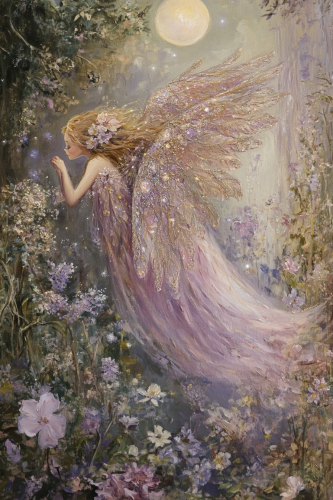 Enchanted Fairy Girl Flying with Owl in Night Forest
