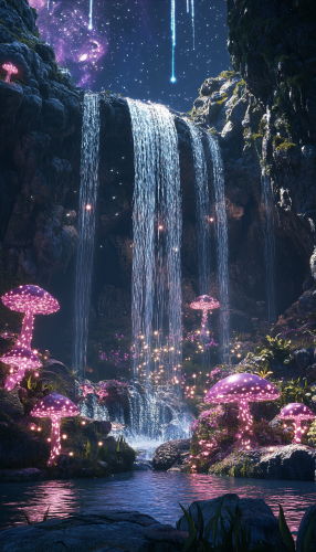 Enchanted Waterfall: Fairies Dance Under Glowing Night Sky Enchanted Waterfall: Fairies Dance Under Glowing Night Sky