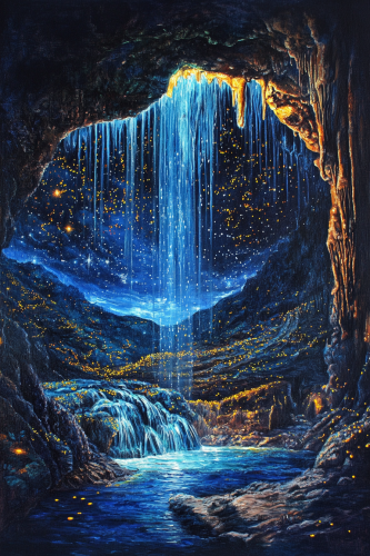 Oil Painting Save, Waterfall and Glow Worms