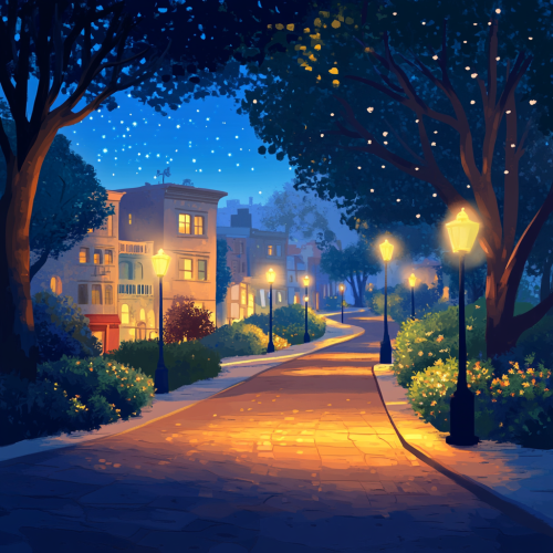 Enchanting Pixar-style nighttime path with whimsical characters