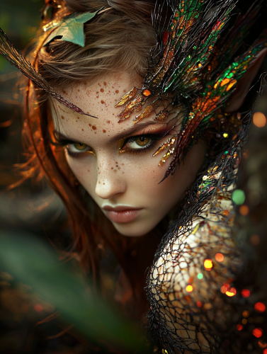 Enchanting elf in redwood forest pondering