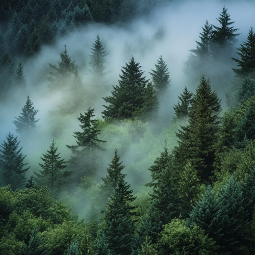 Enchanting misty forest in ethereal light