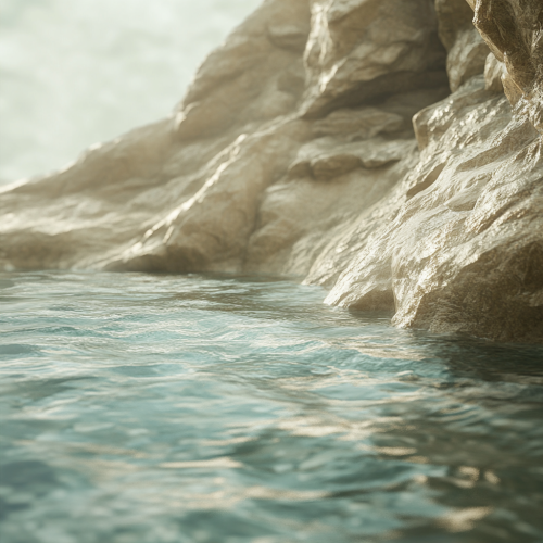 Enchanting water flowing over ancient rocks with mist