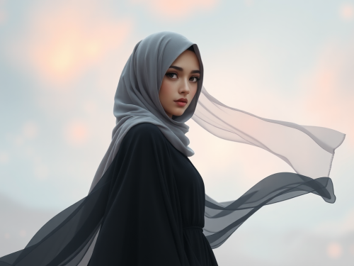 Enchanting woman in black abaya, eyes shining, serene landscape.