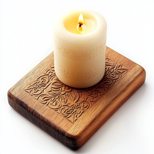 Engraved wooden board enhancing candle display, antique look.