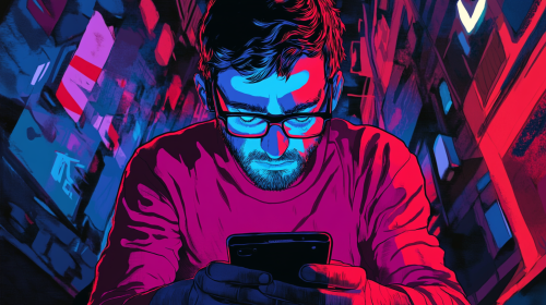 Enraptured man in trance with glowing mobile game screen. Enraptured man in trance with glowing mobile game screen.