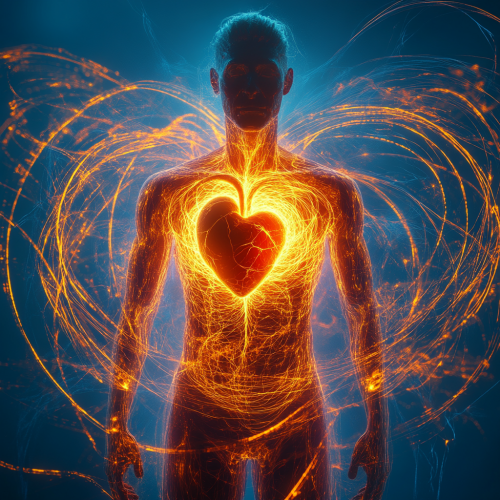 Ethereal Energy: Human Figure's Heart Shines Golden