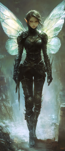 Ethereal fey tinker in leather armor, bug wings folded.