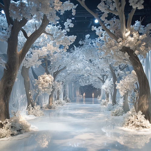 Ethereal forest stage with white trees, flowers, and lighting.