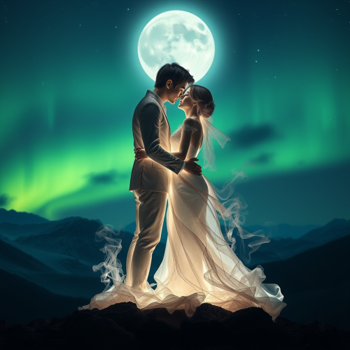 Ethereal moonlit sculpture captures intimate kiss under aurora.