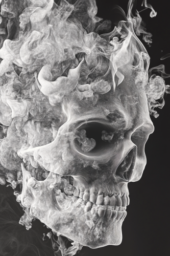Ethereal skull made of smoke with fiery top half.
