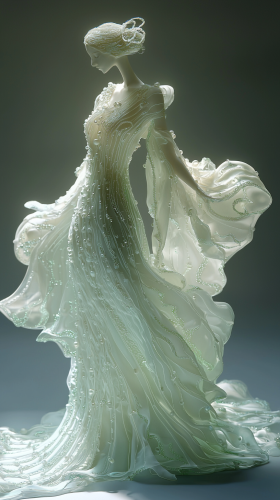 Ethereal white gown with green, pearls, and embroidery