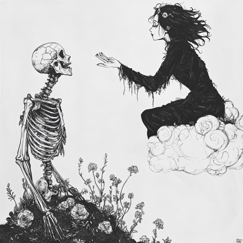 Ethereal woman gazes at fragile skeleton below