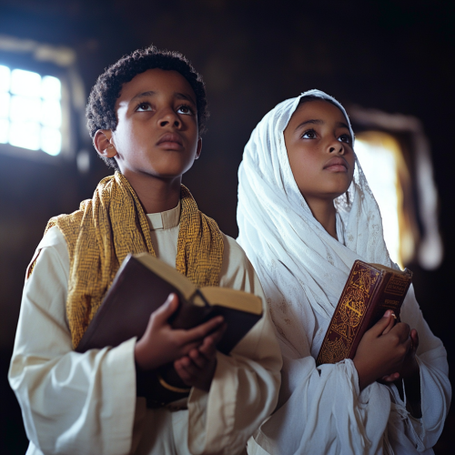 Ethiopian Sunday School Students Praying with Bible and Candle
