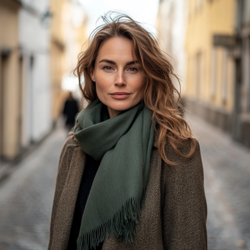 European Female Model in Seaweed Color Cashmere Scarf European Female Model in Seaweed Color Cashmere Scarf