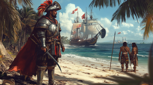 European explorer in armor with native warrior on beach.
