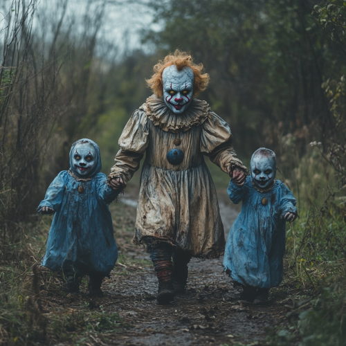 Evil clown with ghost children trick-or-treating